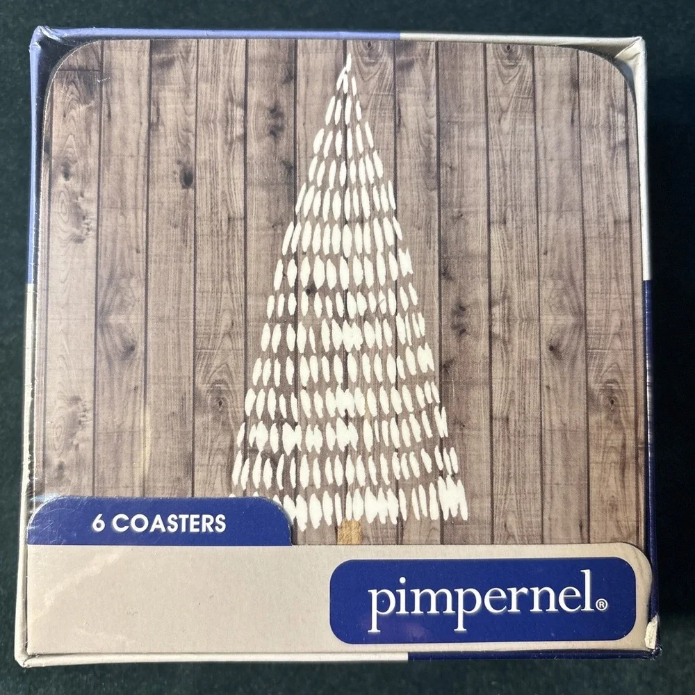 Pimpernel Coasters WOODEN WHITE CHRISTMAS Set OF 6 Cork-backed Board NIB